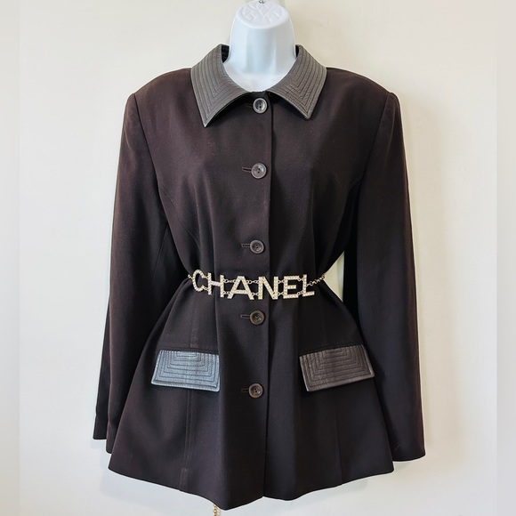 Vintage Brown Wool & Leather Contrast Blazer Jacket By Oscar De La Renta Size 14 - Picture 10 of 14